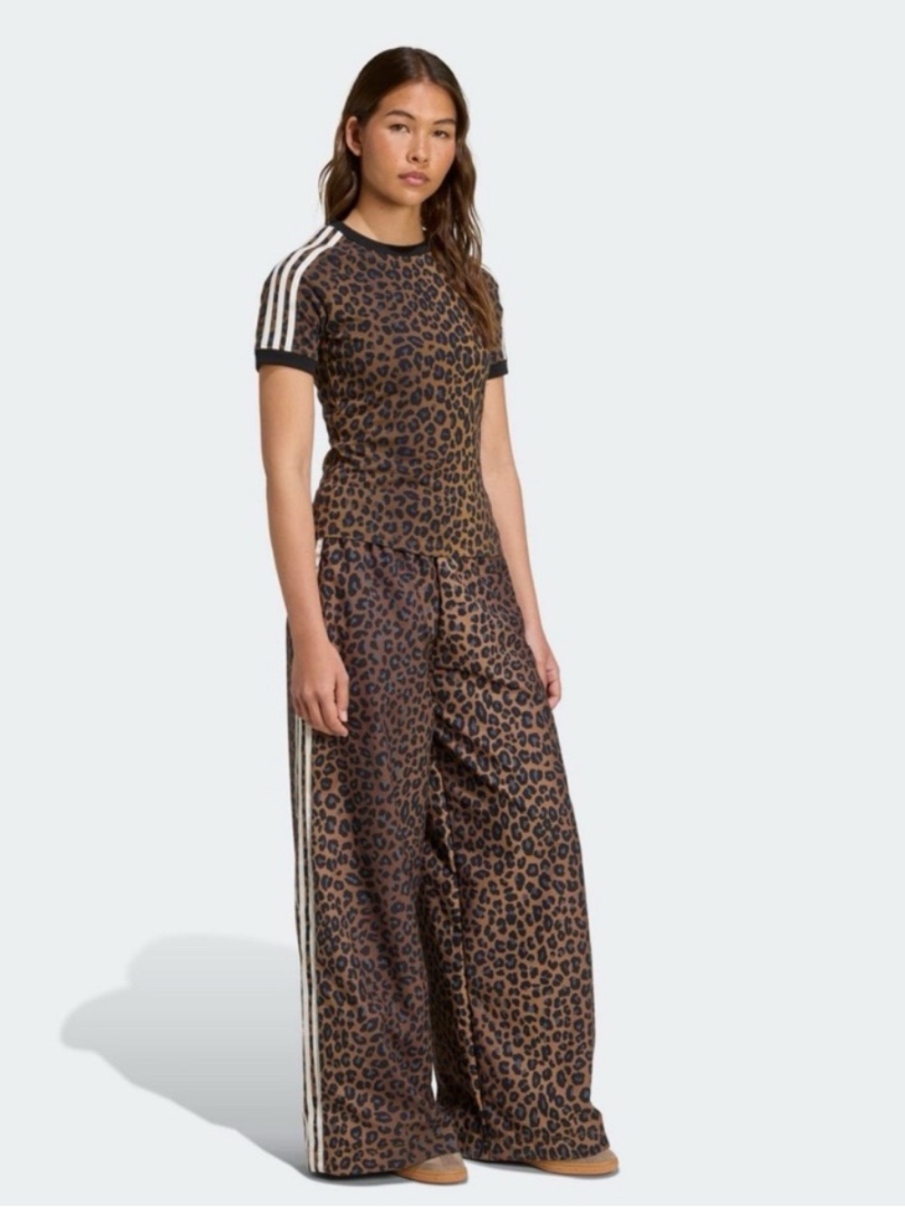 Adidas’s NWT Brown Leopard Print Satin Wide Leg PANTS  with White Stripes